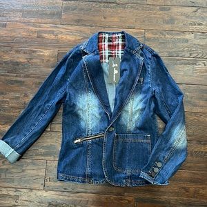 Denim Blazer Jacket - Dark Blue Jean Bomber